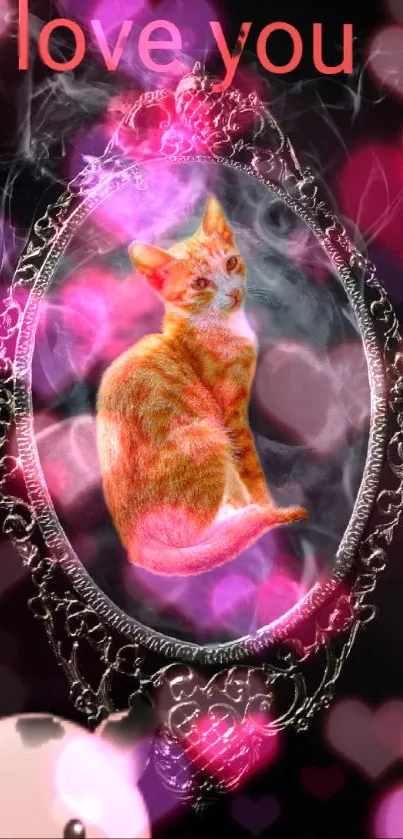 Romantic cat in a mirror with pink heart background.