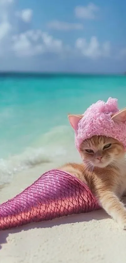A cat dressed as a mermaid sunbathing on a sandy beach.