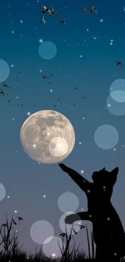 Silhouette of a cat reaching up to a full moon in a starry night sky.