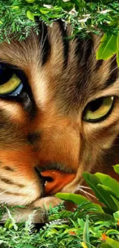 Close-up of cat's face with green leaves in a vibrant digital design.