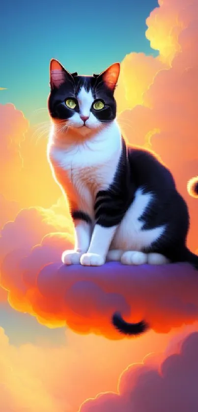 A black and white cat sitting on a fluffy cloud under a vibrant sky.