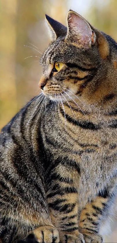 A tabby cat perched on a fence with a natural blurred background.