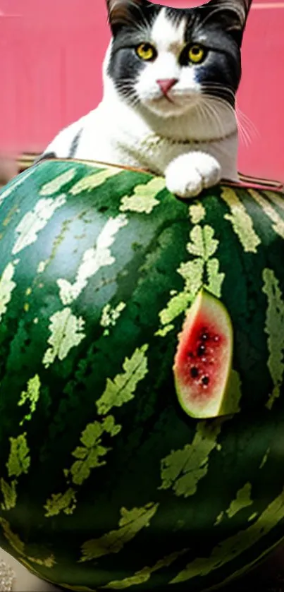 Playful cat perched atop a large watermelon, creating a quirky wallpaper.