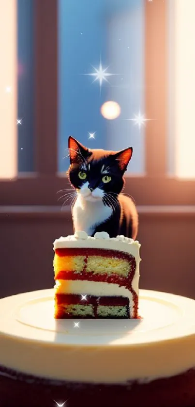 Cute cat sitting on a layered cake with vanilla frosting, backlit by window light.