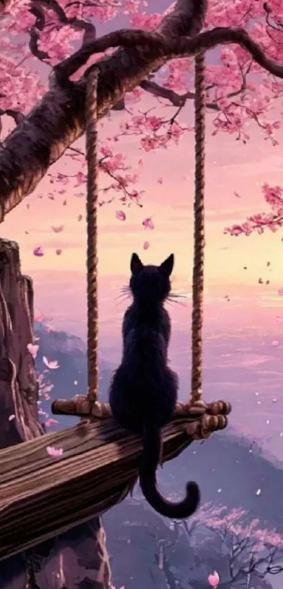 Black cat on a swing under cherry blossoms at sunset.