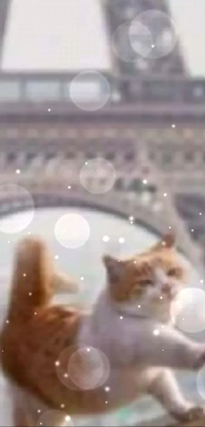 Playful cat on Eiffel Tower in Paris, creating a whimsical wallpaper scene.