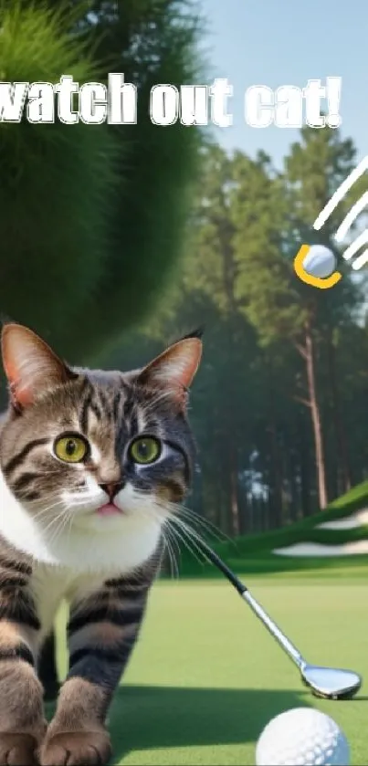 A curious cat on a vibrant golf course with a ball.