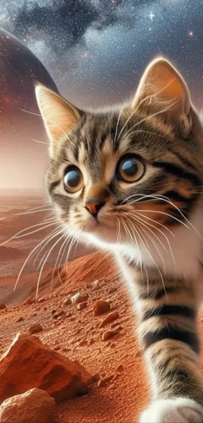 A tabby cat explores a Martian landscape with a cosmic background.