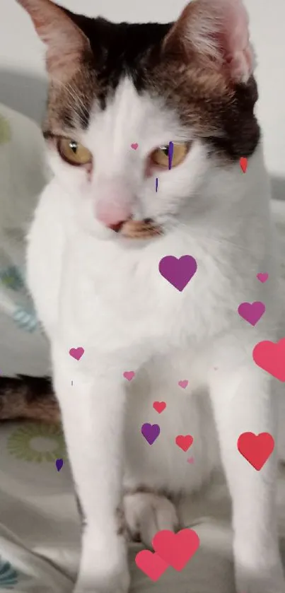 White cat sitting on a patterned bedspread in a serene setting.