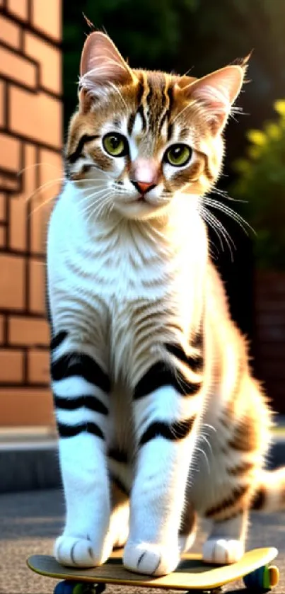 Cat on a skateboard in natural light, ideal for phone wallpaper.