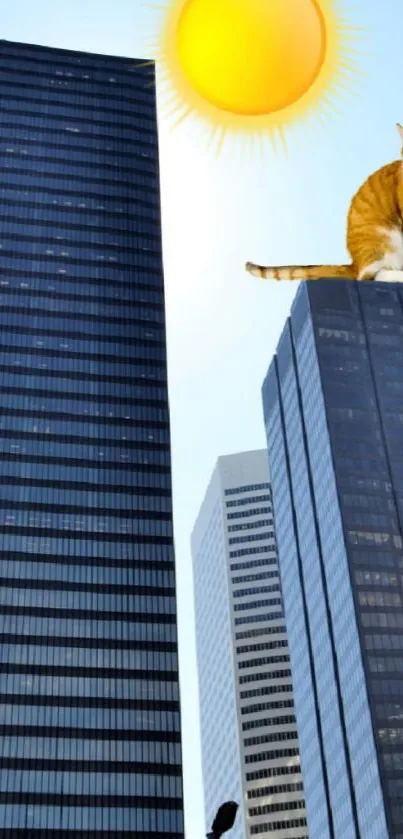 Cat sitting atop skyscraper under sunny blue sky.