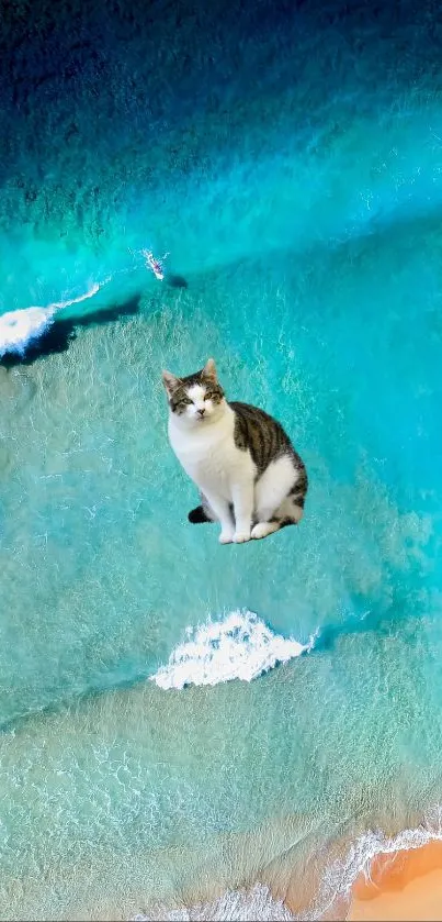 Cat floating over a turquoise ocean on a sunny beach background.