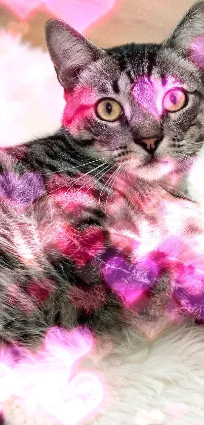 Gray tabby cat lying on a soft white rug.