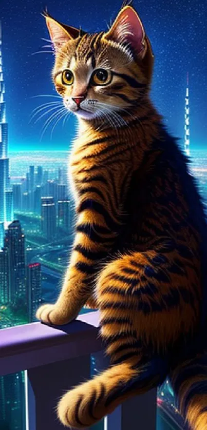 Striped cat perched above a glowing city skyline at night.