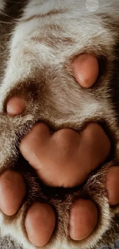 Close-up image of a cat's paw showing pink pads and fur.