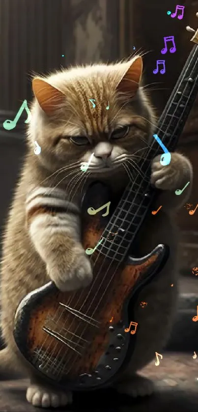 Whimsical cat playing bass guitar art in a dimly lit room.