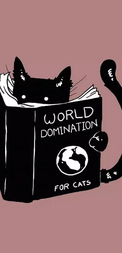 Black cat reading World Domination book on pink background.