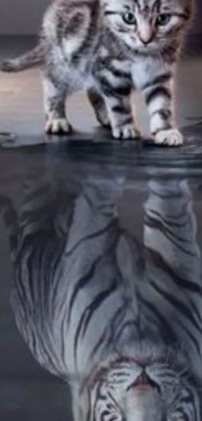 Kitten looking at its reflection, seeing a tiger.