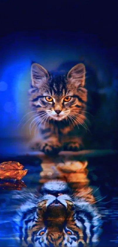 Cat walking towards viewer with reflection in blue light.