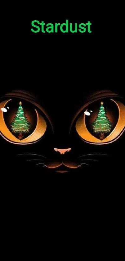 Black cat with Christmas tree reflection in eyes on wallpaper.