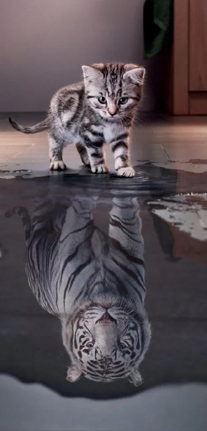 Kitten looks at its tiger reflection on water.