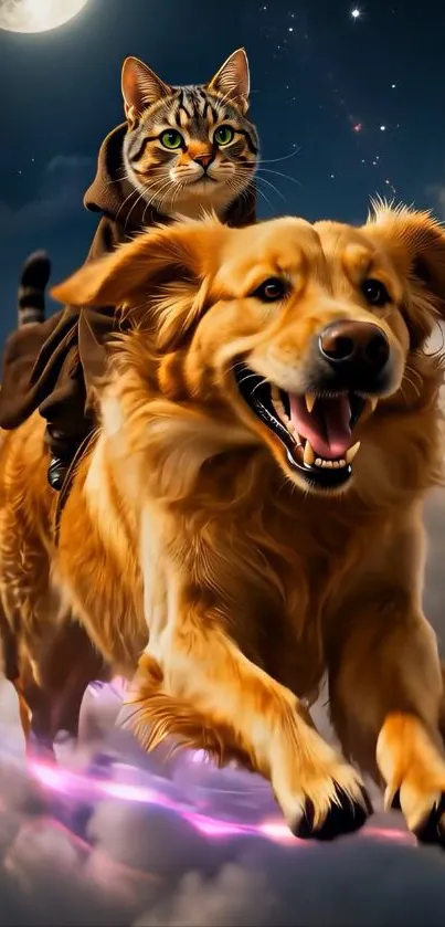 Cat in cloak atop dog under moonlit sky.