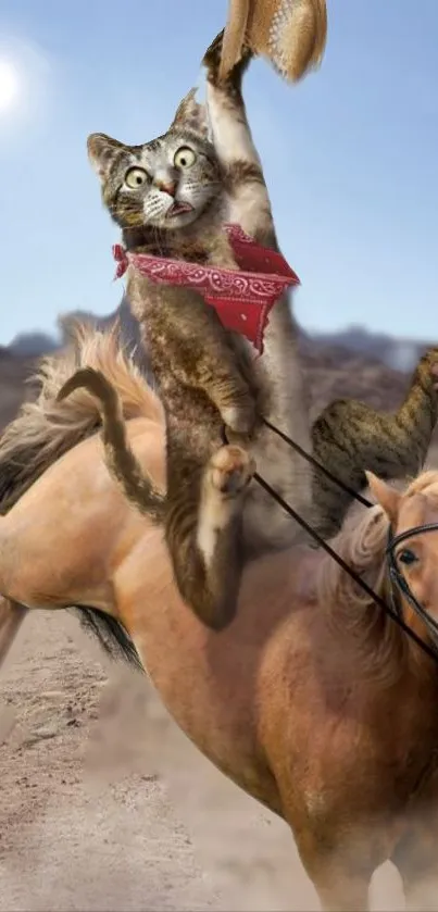 Cat playfully riding a horse in a desert landscape.