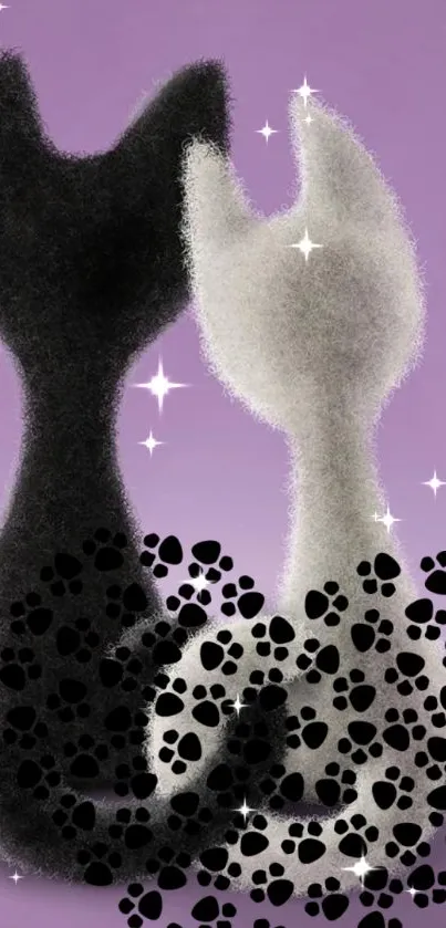 Black and white cat silhouettes with paw prints on a purple background.