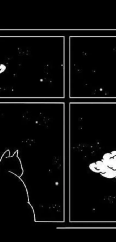 Silhouette of a cat at night by a window under the moon.