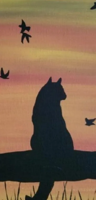 Cat silhouette against a vivid orange sunset with birds in the sky.