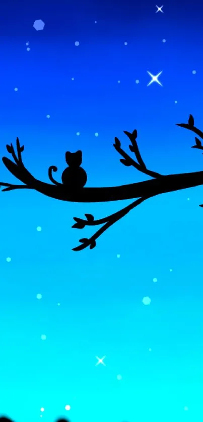 Cat silhouette on branch under a starry blue sky mobile wallpaper.