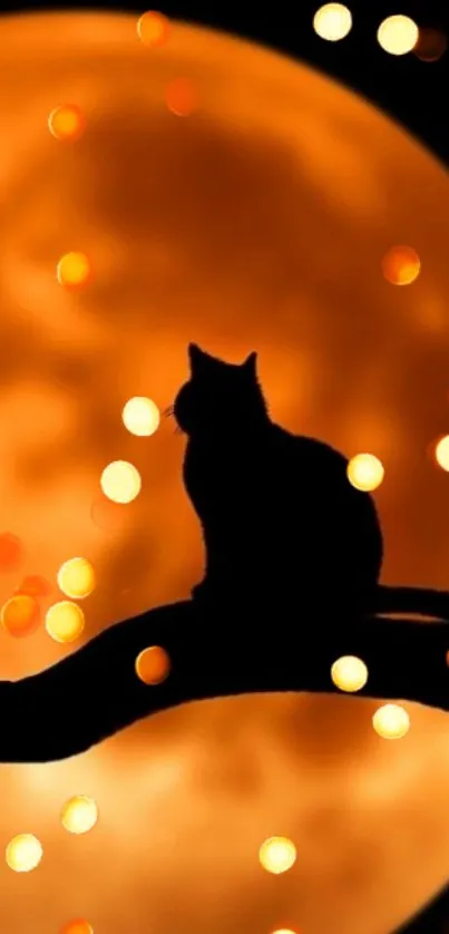 Cat silhouette on a branch with moon and bokeh lights.