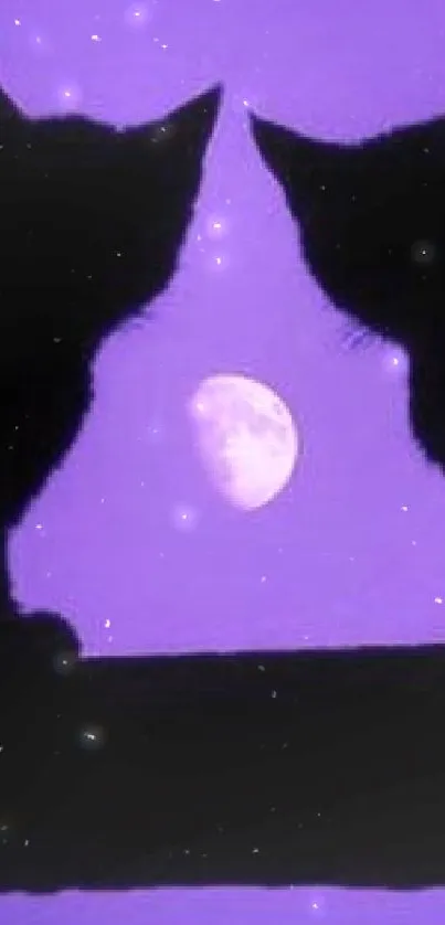 Two cat silhouettes sit beneath a full moon on a purple night sky background.