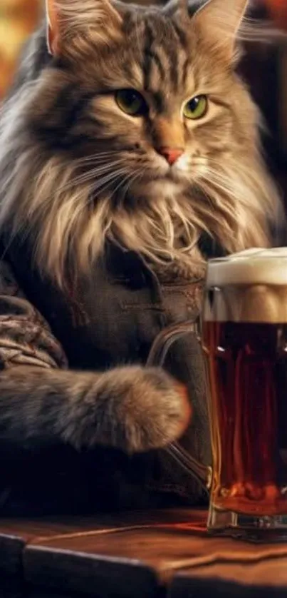 Fluffy cat enjoying beer in a cozy pub setting.