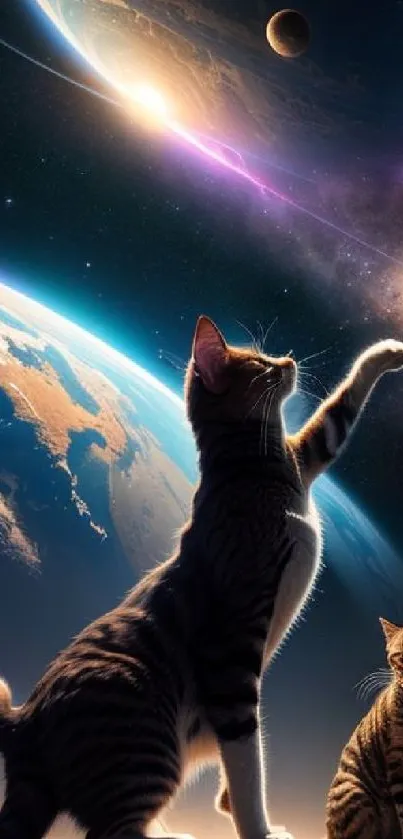 Cats playfully explore a vibrant cosmic scene with planets in background.