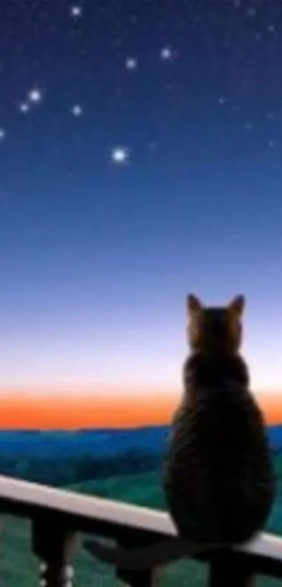 Cat gazes at starry night sky from balcony, serene evening scene.