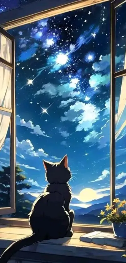 Whimsical wallpaper with cat gazing at stars through an open window.