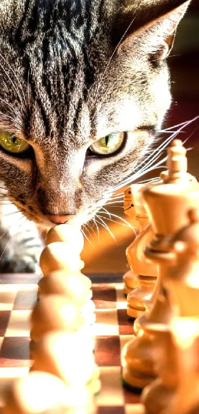 Cat curiously observing chess pieces on a sunlit board.