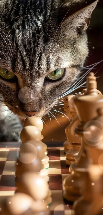 A curious cat examines a chess board in warm sunlight.