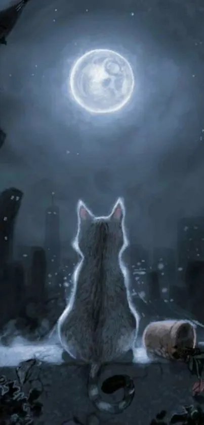 A lone cat gazing at the moon in a starry urban night scene.