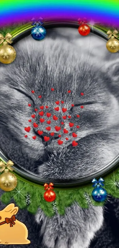 Gray cat sleeping under a rainbow ring with baubles and a bunny detail.