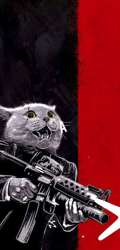 Artistic cat warrior with weapon on bold red and black background.