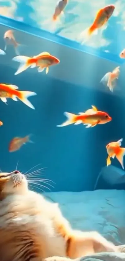 A cat gazes up at goldfish swimming in an illuminated aquarium.