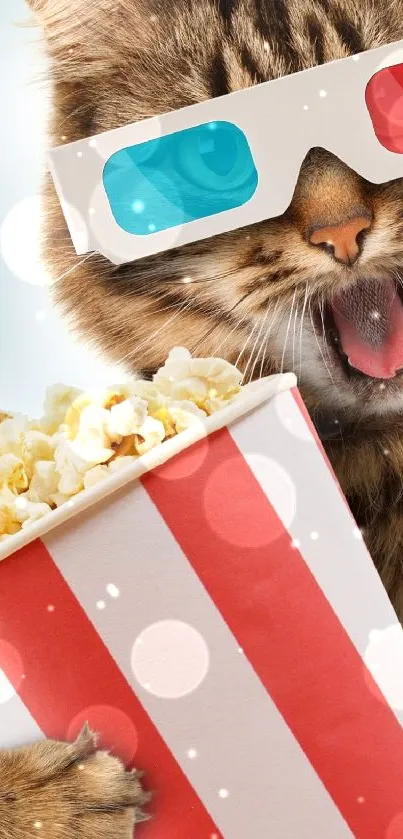 Tabby cat with 3D glasses holding popcorn in a cute wallpaper.