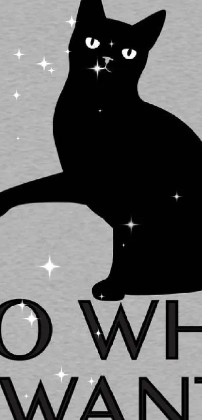 Cheeky black cat knocking over a cup with 'I do what I want' text in gray background.