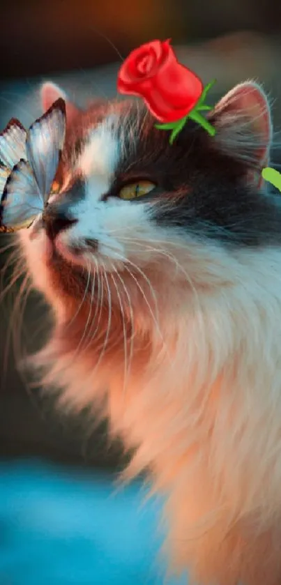 Whimsical cat with a butterfly and rose on its head.