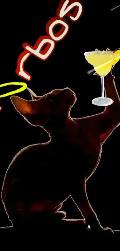 Cat silhouette holding a cocktail against a black background.