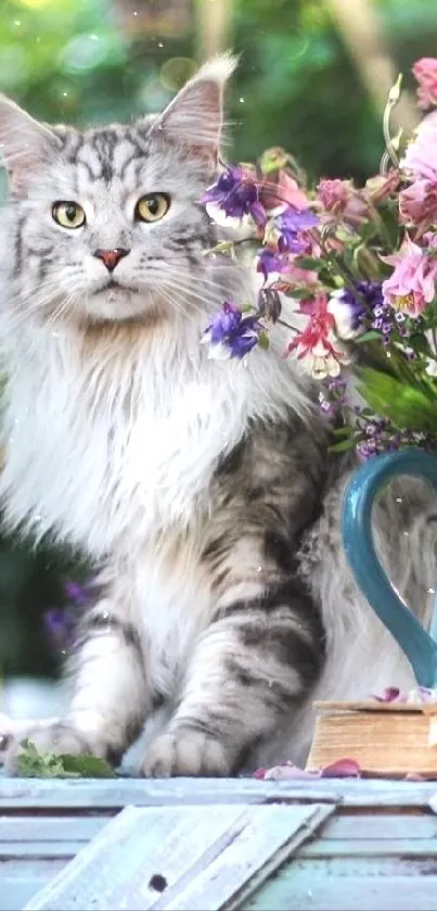 Maine Coon cat next to a flower vase on wooden table.