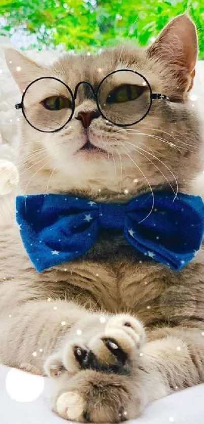 Cat with glasses and blue bowtie lounging stylishly on white surface.