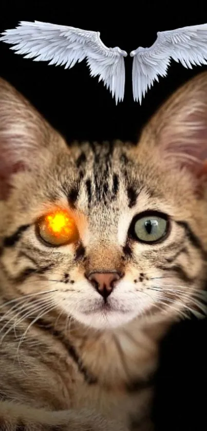 Cat with a glowing eye and angel wings, set on a dark background.